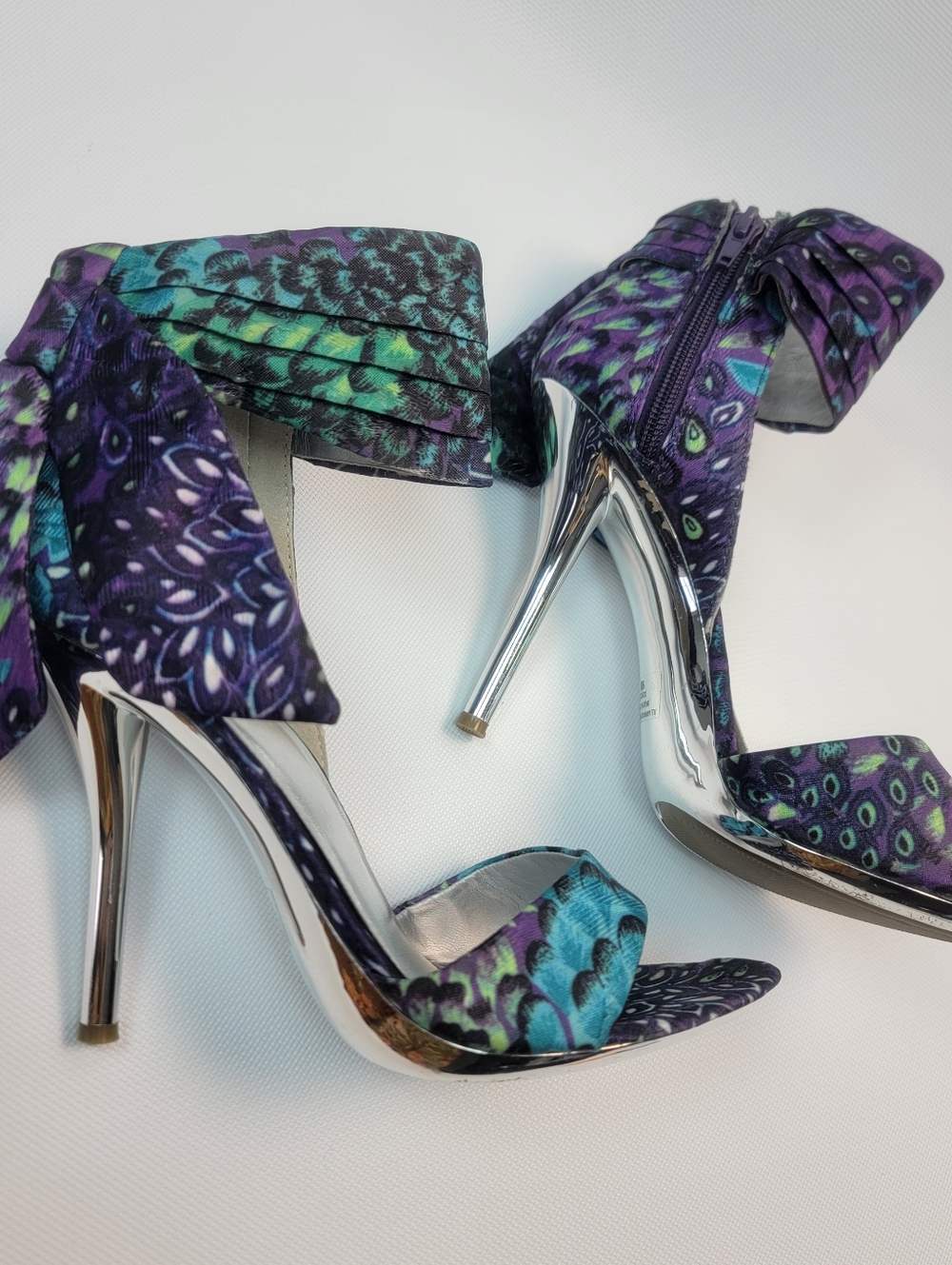 Women's Purple Teal Fabric Ankle Tie Metalic Silver High Heel Stiletto Sandals